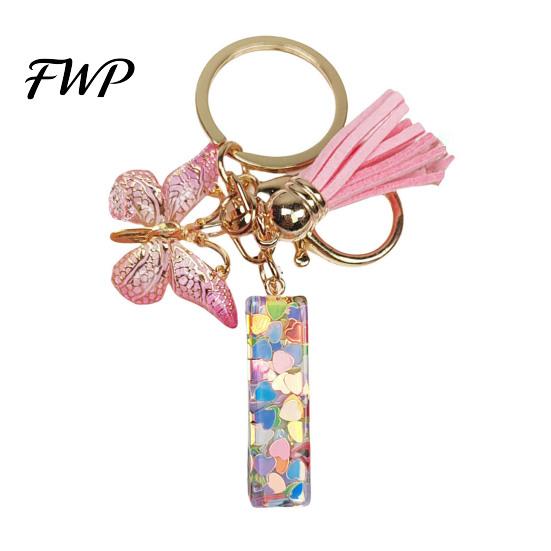 Initial Letter Charm Keychain Pink Series Pendant, Sequins Heart Key Chain with Holder Pendant Butterfly Tassel Design, A-Z for Bag Purse Backpack