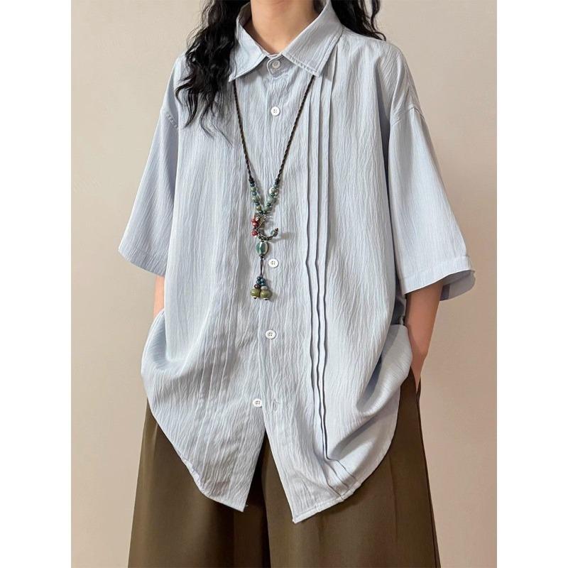 

Stacked Vertical Striped Blue Women s Shirts Japanese Retro Loose Casual Summer Top Lapel Single Breasted Commuting Tops S небо синє кольору