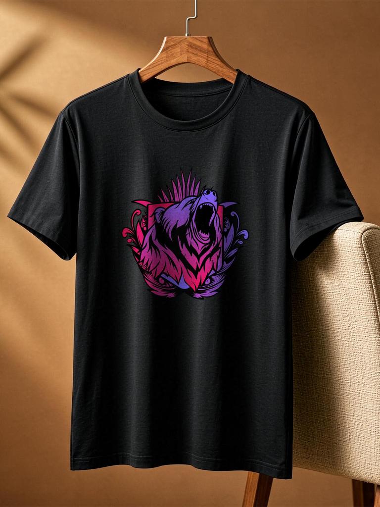 Stylish Roaring Bear Print Casual Soft Comfortable Short Sleeve Daily Tee