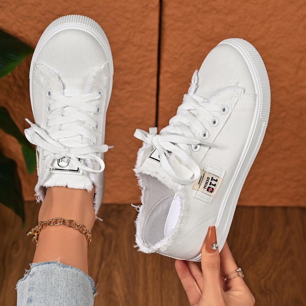 Women Mules Shoes Spring Summer Women Canvas Sneakers Low Top Denim Sneakers Ladies Lace-Up Flat Canvas Board Shoes Female