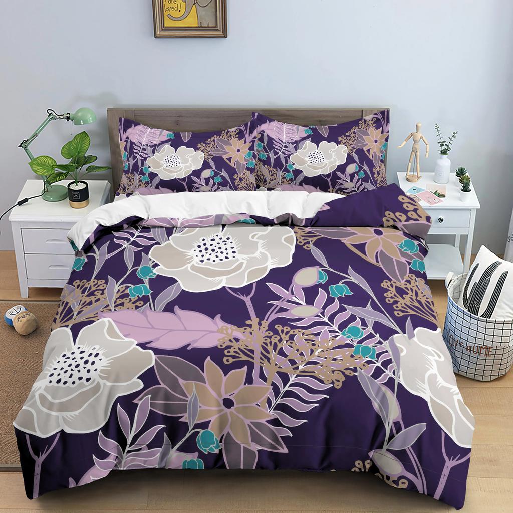 Flower Bedding Set Colorful Floral Duvet Cover Queen King Size Green Leaves Blossom Quilt Cover 2/3Pcs Polyester Comforter Cover
