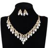 Vintage exaggerated leaf necklace earrings set crystal gemstone collarbone chain women's two-piece fashion accessories