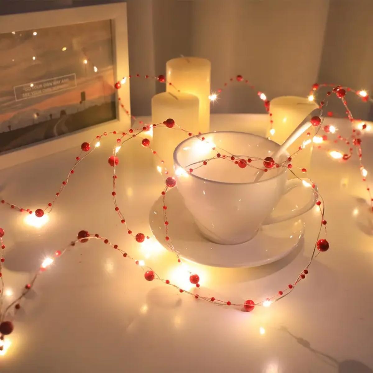 

1pc Pearl Decorative String Lights 20/50 LED Battery Operated Copper Wire Fairy Lights For Home Bedroom Wedding Festival Decor 20LED красный