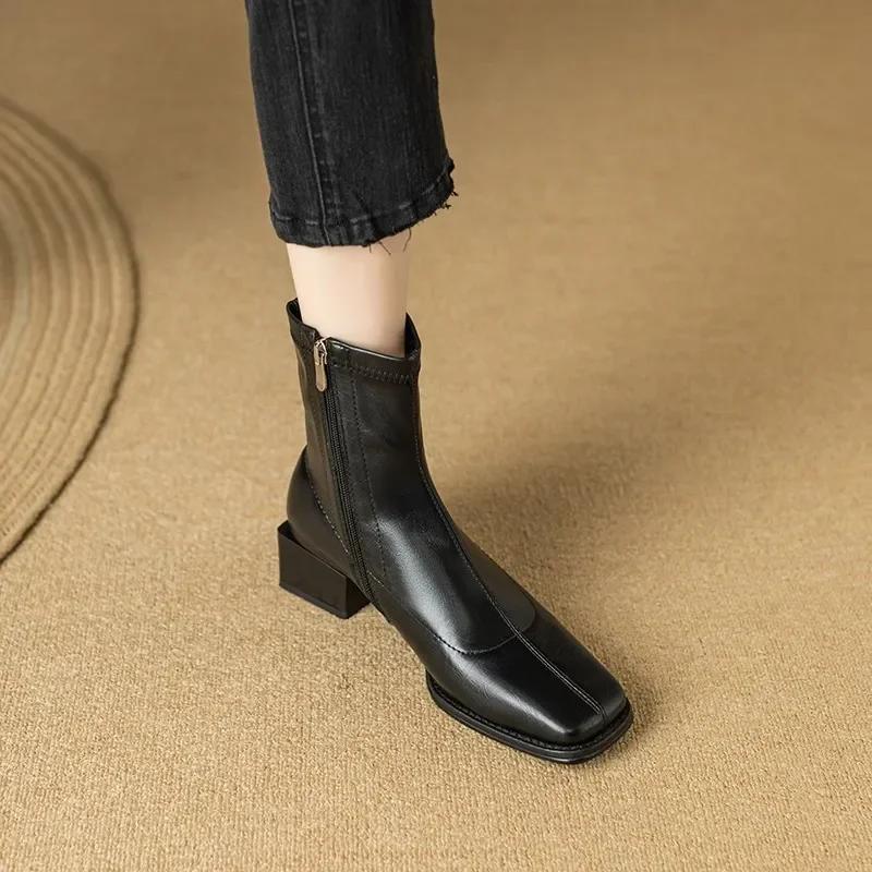 Damen Stiefeletten mit quadratischer Zehenpartie, Flock-Stretch-Schuhe, dünne, mittelhohe Absätze, Schwarz/Braun/Beige, Reißverschluss hinten, Sockenstiefel, Damengröße 34–40