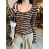 Women's Slim Fit Coffee Striped Cotton-Cashmere Long-Sleeve T-Shirt for Autumn/Winter