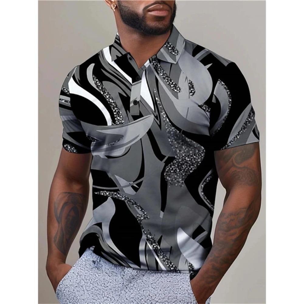 Herren Polohemden 3D-Druck Künstlerisches Streifen-Grafik-Polohemd Sommer Mode Lässig Kurzarm Herren Knopf Revers Golfhemden