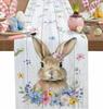 Easter Bunny Flowers Wood Grain Linen Table Runner Dresser Scarf Seasonal Spring Floral Table Runners Kitchen Dining Table Decor