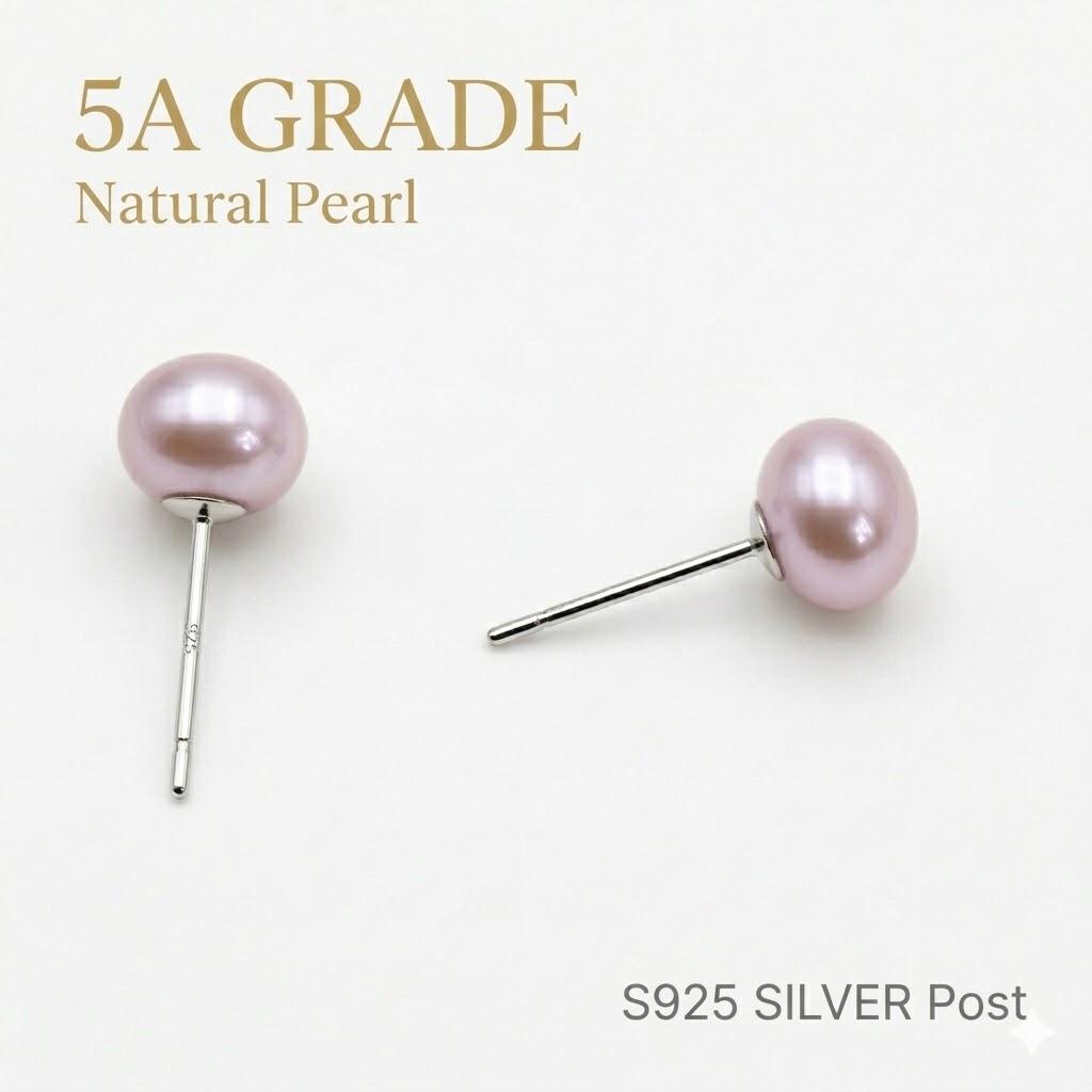 5A Grade Natural Freshwater Pearl Earrings S925 Sterling Silver Studs, Real Pearls 6-10mm [White/Lavender], Hypoallergenic Wedding Gift