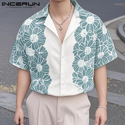 Summer Men Lapel Short Sleeve Floral Print Casual Holiday Oversized Shirts