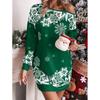 Winter Long Sleeve Loose Print Christmas Party Dress Women Elegant Skew Collar Red Casual Dresses Women Vintage Fashion Thin Sexy Short Dress 25873