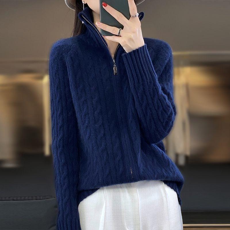 Autumn Winter Women's Stand Collar Cardigan Sweater Zipper Cable Knit Sweater Loose Solid Color Knitted Cardigan Jacket Outerwear