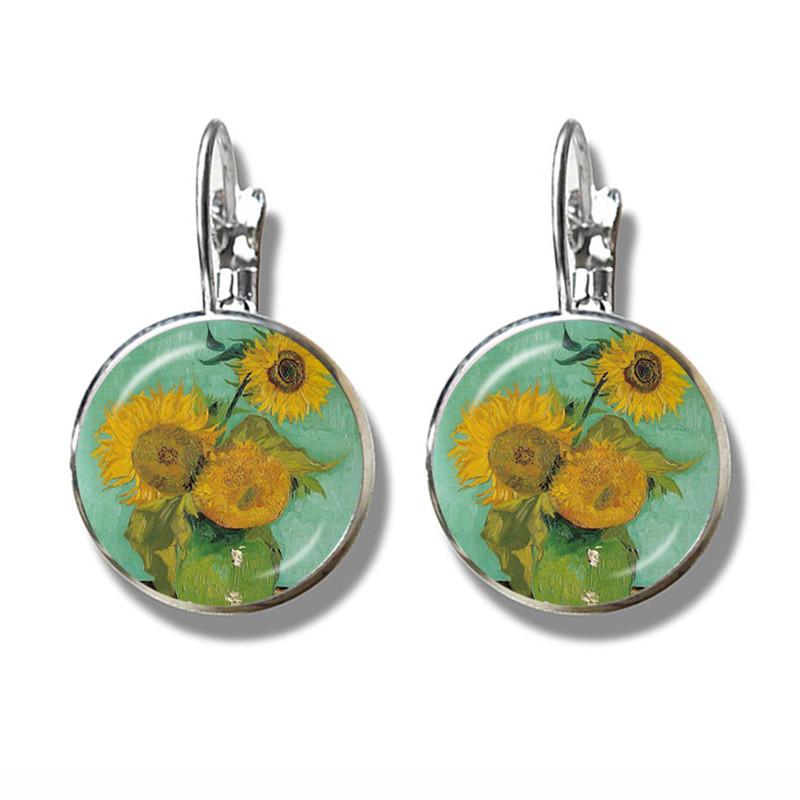 Van Gogh Solsikker Kunst Vintage Sølvbelagte Øredobber Glass Cabochon Kuppel Stiftøredobber Zirkon For Kvinner Jenter Gave