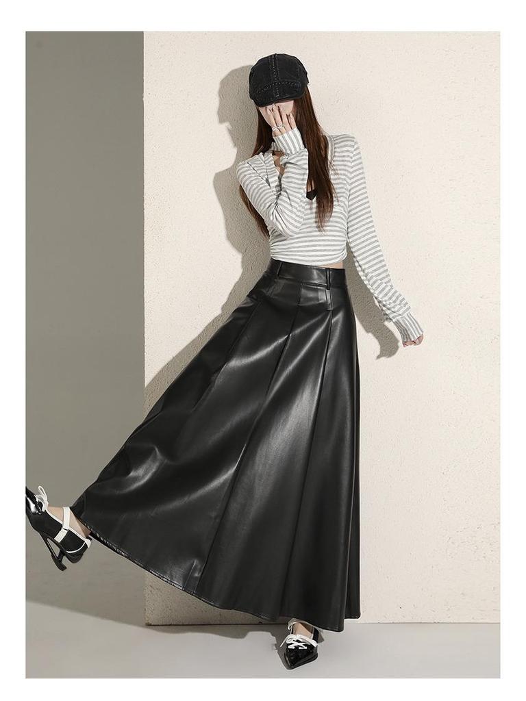 Women's High-End Retro Black PU Leather Pleated Midi Skirt - New Autumn/Winter Slim Fit, Large Swing Umbrella Style