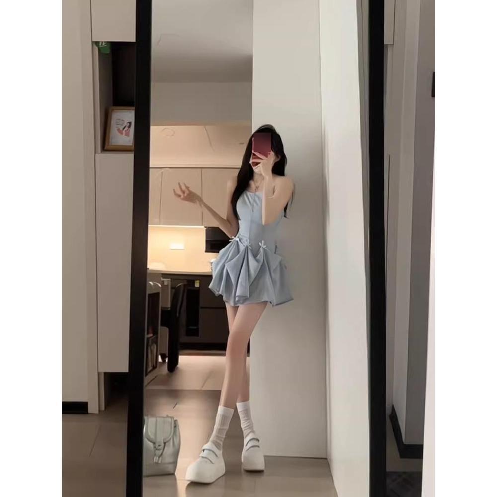 Seaside Photo Beautiful Dress Women's Summer Beautiful Unique Waist Slim Bow Suspender Skirt A Word Short Skirt