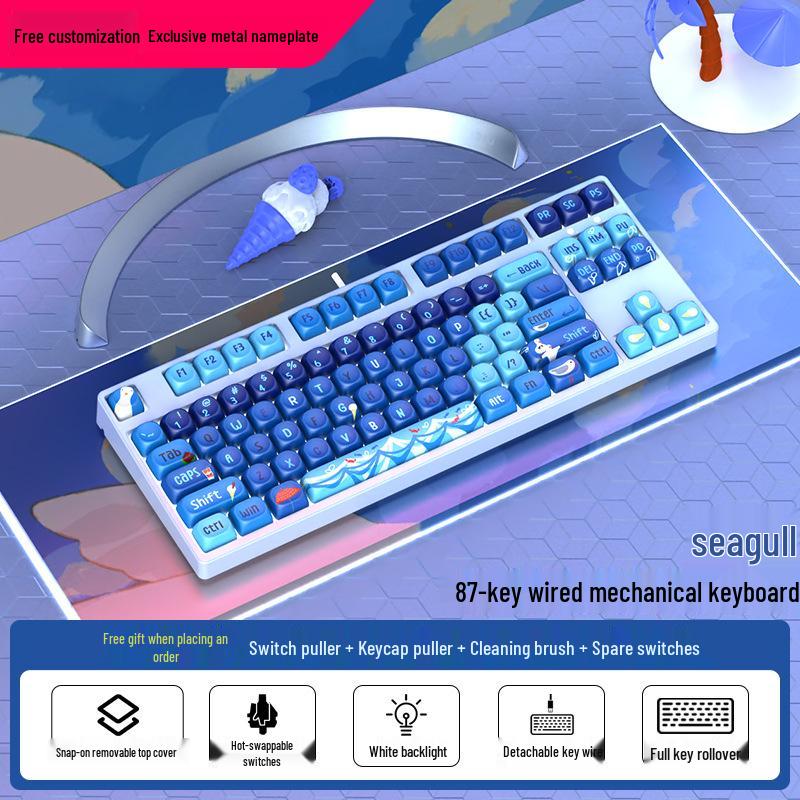Moa Theme 87-Key Wired Mechanical Gaming Keyboard – Cute PBT Design for Office or E-sports