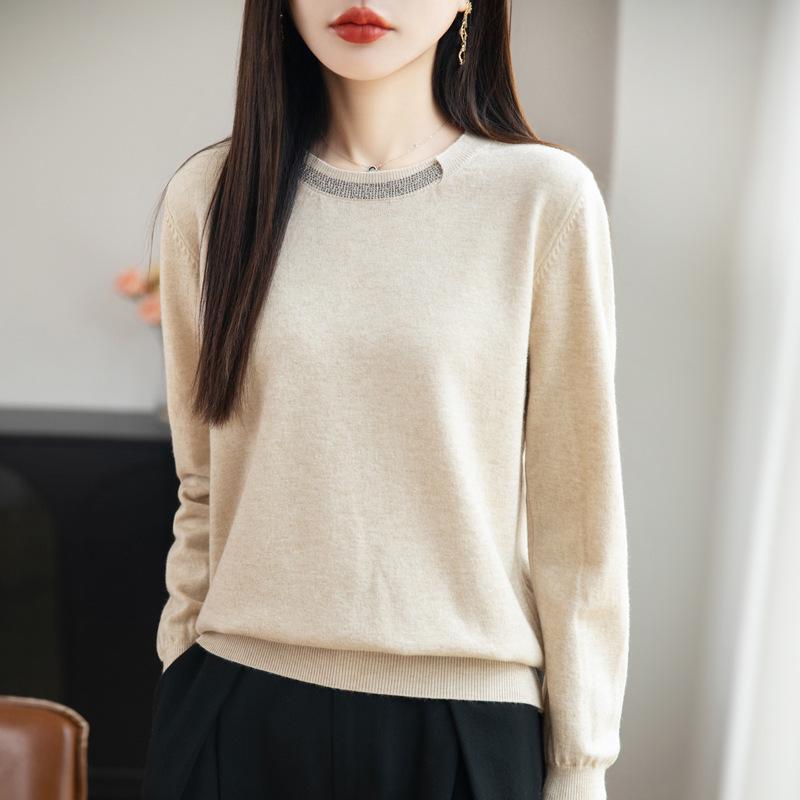 Women's Rhinestone Crew Neck Knit Sweater - Elegant, Versatile, and Stylish for Autumn & Winter