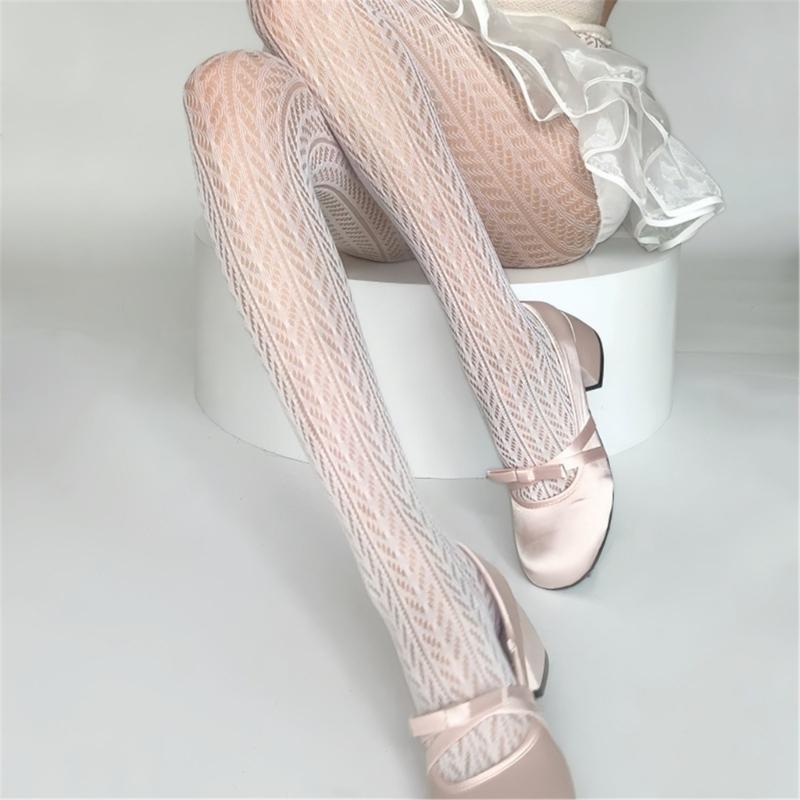 Women's Breathable Stretchy Pantyhose With Wheat Striped Pattern Hollowout Sheer Mesh Tights For Office And Casual Wear