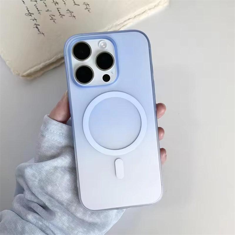 

Luxury Magnetic Magsafe PC Hard Case For iPhone 16 15 14 13 12 Pro Max Plus Matte Cover Clear Gradient Candy Color Thin Shell iPhone 12 синій