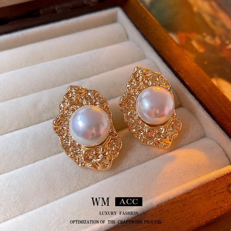 Pozlacené stříbrné náušnice pecky s diamanty a perlami - Francouzský retro luxusní design pro ženy