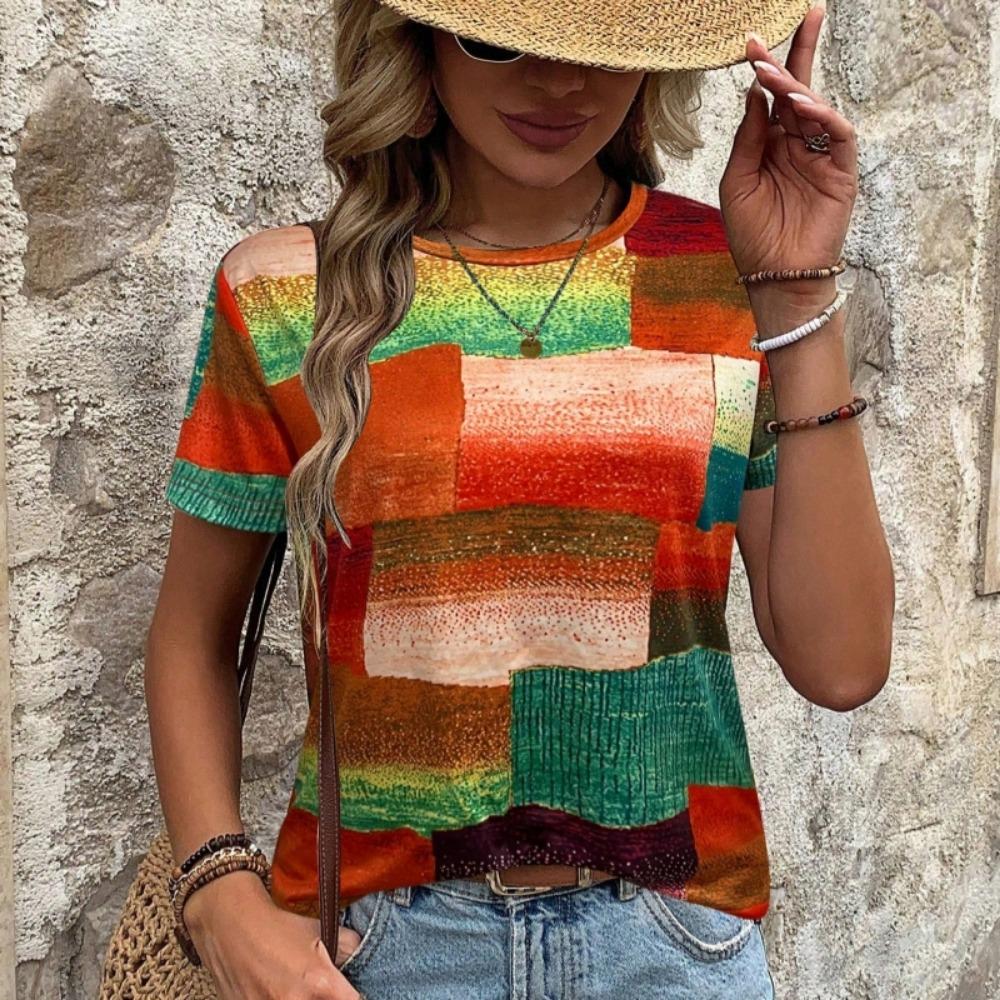 Women's Fashion Color Block Short Sleeve T-Shirt For Summer Geometric Graphic Tees Casual Round-neck Women Tops