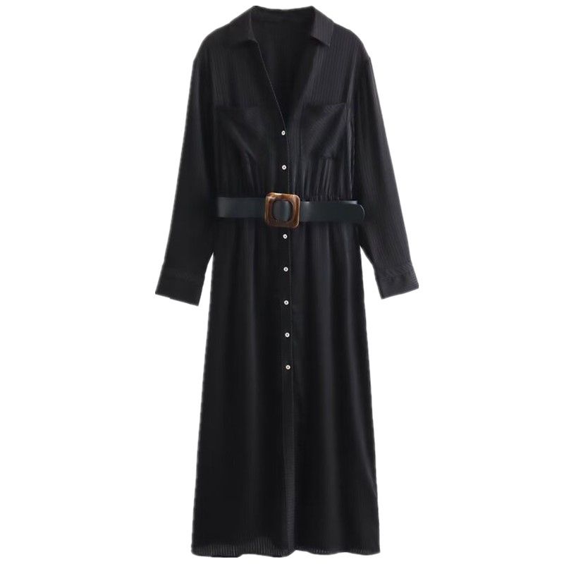 Women's Clothing Fashion Style with Belt Texture Midi Skirt Dress