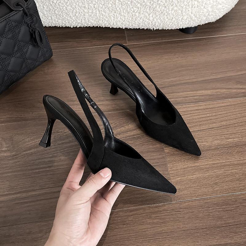 Sheepskin Version Retro Leopard Print Bag Head Sandals Women's Thin Heel Shallow Mouth Empty Single Shoes Style Temperament Pointed High Heels