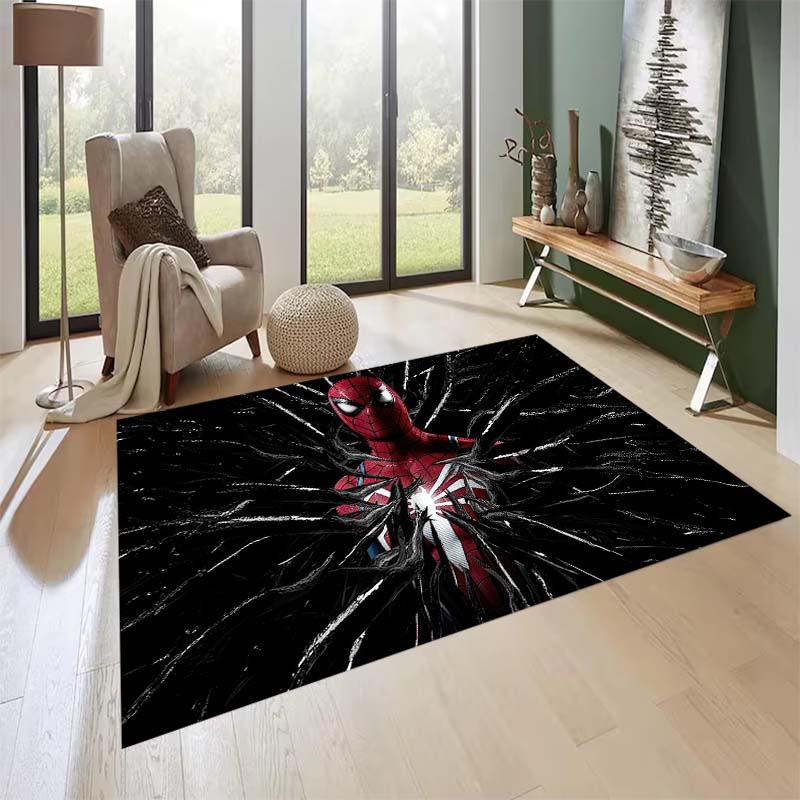 New custom-designed, cool Spider-Man rugs are available for your entryway, bathroom, and bedroom – featuring a spiderweb pattern
