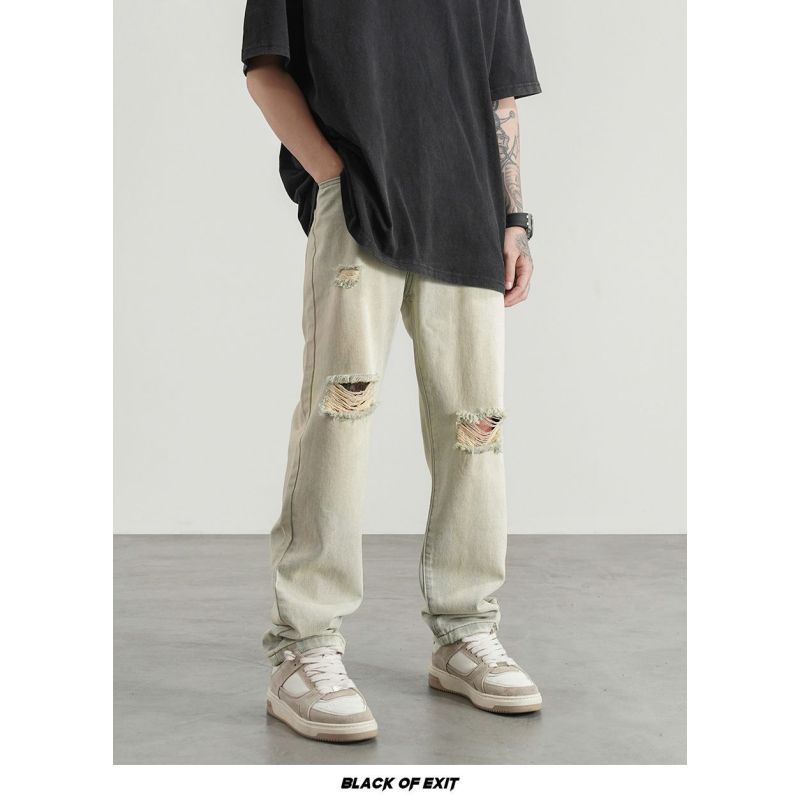 Americké pouliční prané staré zažloutlé volné džíny pánské univerzální střih ležérní výklenku smažené pouliční dlouhé kalhoty