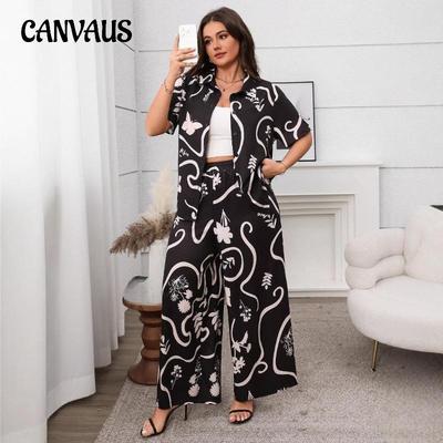 Cardigan Feminino Plus Size Estampado Novo Solto Manga Curta Calças de Perna Larga Terno