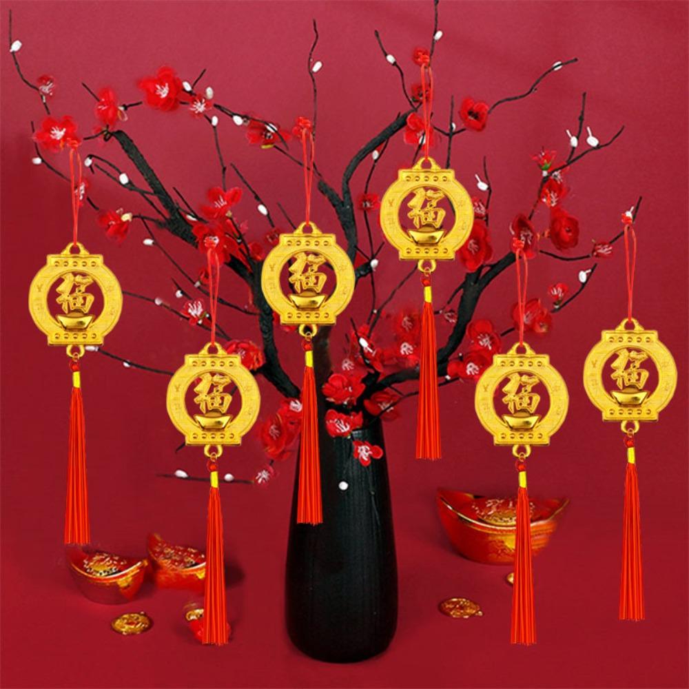 6/10Pcs Gold Chinese New Year Pendant Waterproof Wealth Spring Festival Bonsai Pendant with Tassel Traditional