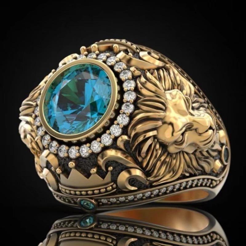 Tem's New Men's Ring, Gold Retro European and American Men's Ring, Lake Blue Diamond Crown Lion Ring.