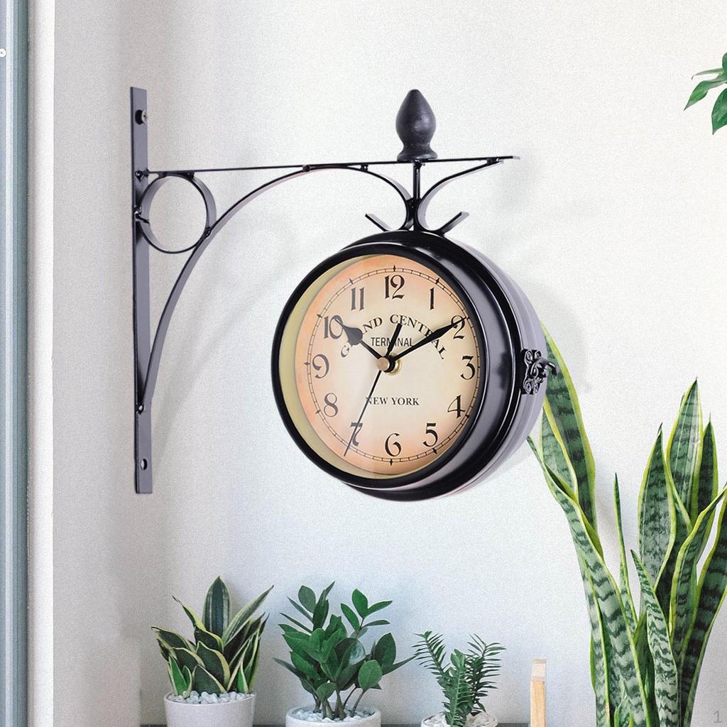 2 Sided Wall Clock Hanging Metal Creative Art Ornament Classic Home Decor for Bedroom Patio