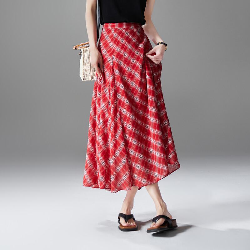 SOFSIL 2026 Summer Retro Plaid A-line Skirt 30/XXL