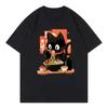 Black RaUnisex Cat Japanese Anime Style Design Printed Lightweight T Shirts Round Neck Short Sleeve Tee Shirt Hip Hop