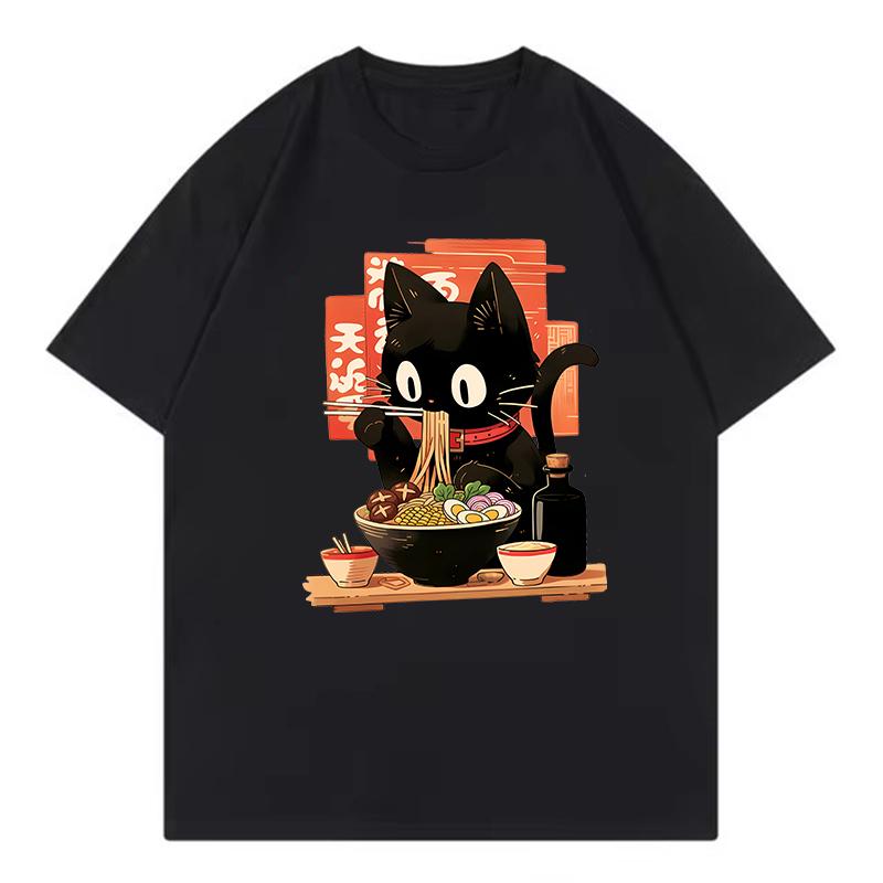 Black RaUnisex Cat Japanese Anime Style Design Printed Lightweight T Shirts Round Neck Short Sleeve Tee Shirt Hip Hop