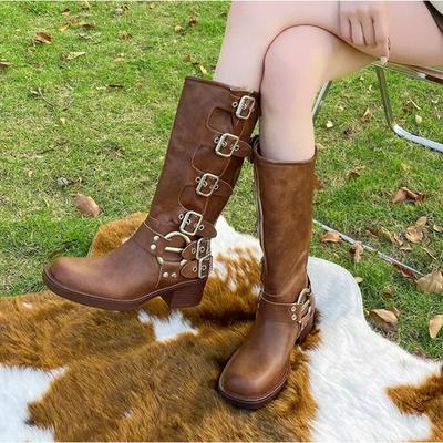 Botas de plataforma alta de moda para mujer, botas de motociclista de tacón grueso con hebilla de metal, botas punk de cuero suave vintage, botas de caballero de cuero marrón