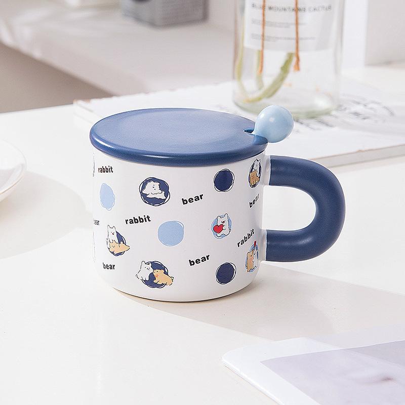 Creative Cartoon Ceramic Cup Cute Animal Mug with Lid Spoon Couple Water Cup Valentine's Day Cup Coffee Cup