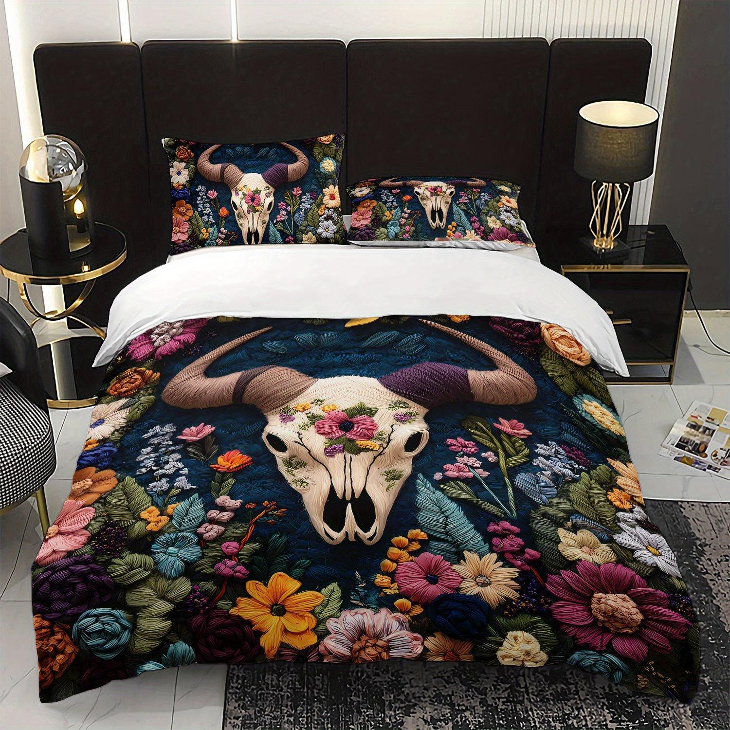 3pcs Bohemian Floral Cow Skull Bedding Duvet Cover Set Floral Cow Skull Bedding Quilt Set Bohemian Themed Bed Quilt Set Printed Duvet Cover Set&EU Single(135x200cm)