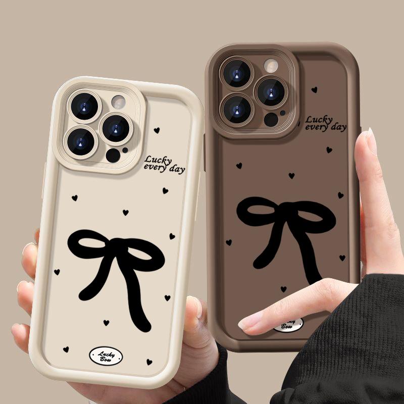 Bowknot Pattern TPU Soft Shockproof Phone Case For iPhone 16 Pro Max 15 Pro 14 13 12 11 XR XS Little Love Hearts Matte Lens Protection Bumper Cover