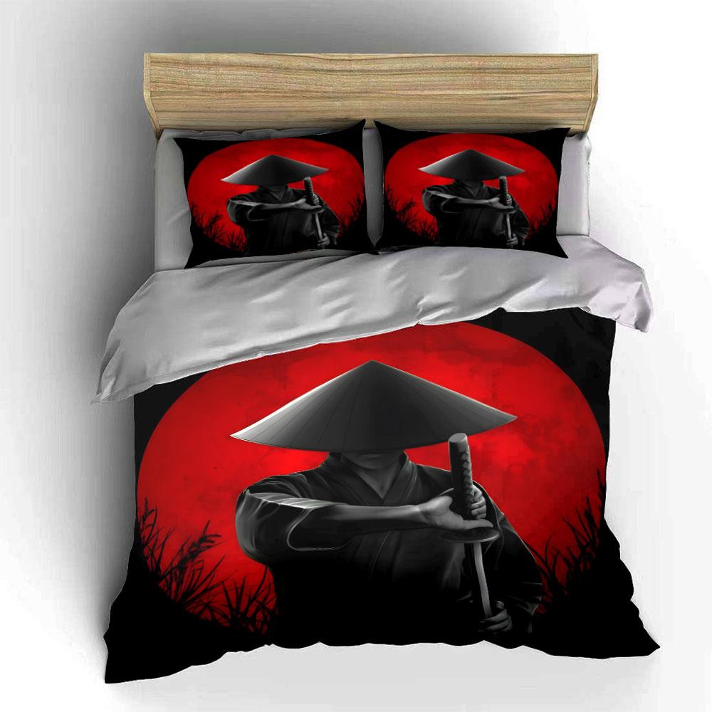 Samurai Warrior Red Sun Bedding Duvet Cover Set (1*Duvet Cover 2*Pillowcases, without duvet insert)