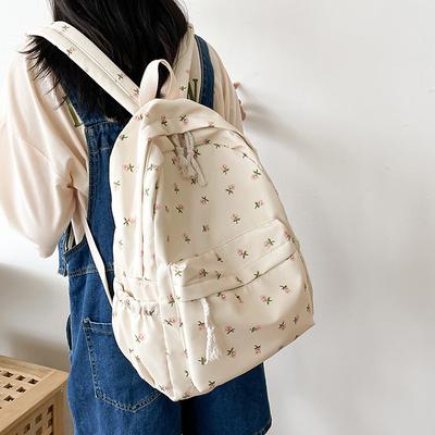 Schulrucksack für Studenten Floral Weiß Schultaschen für Teenager-Mädchen Niedlicher Damenrucksack Büchertasche Nylon Rucksack