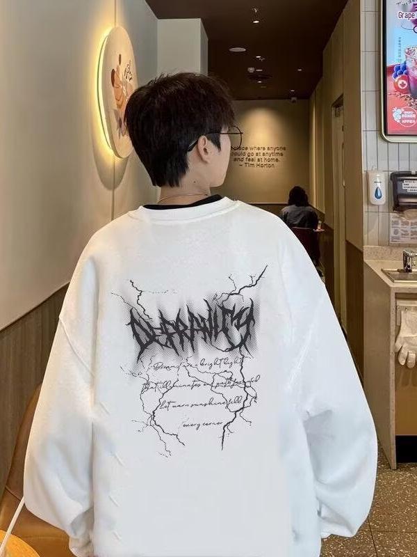 American Trendy Men's Crewneck Hoodie - Autumn/Winter 2025, Plus Velvet, Loose Fit, Long Sleeve, Base Layer