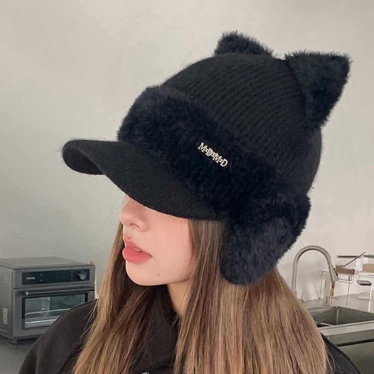 Versatile Hat for Women with Big Head Circumference To Show The Face Kitten Ear Wool Hat Plus Velvet Ear Protection Warm Knit Hat