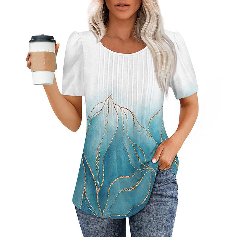 European And American Women's Tops New Style Pleated Round Neck Short-sleeved T-shirt Women's Shirt