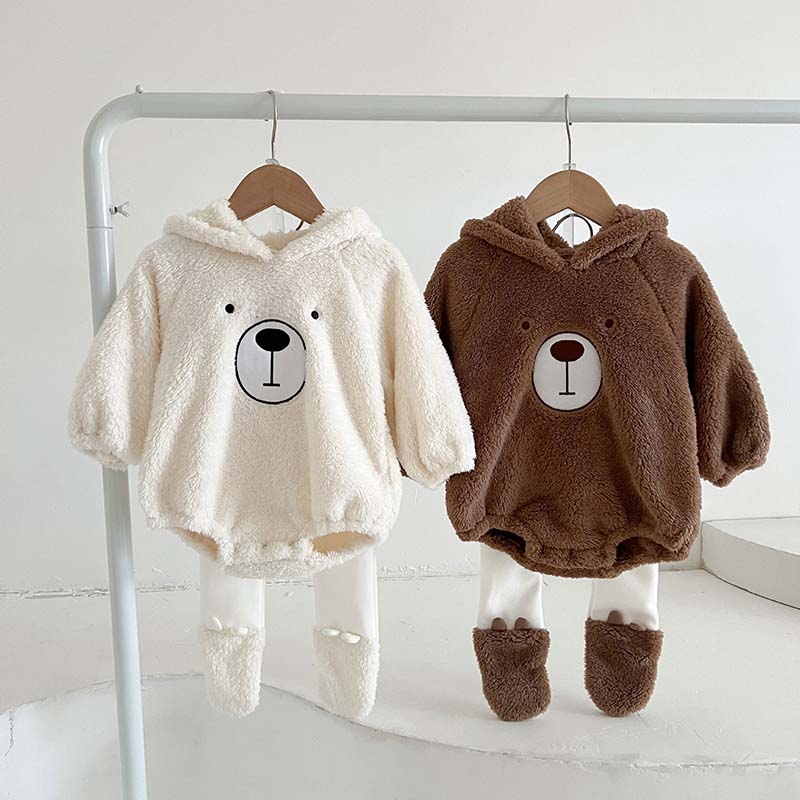Kids Clothes Cute Bear Baby Romper Autumn Winter Plus Velvet Hooded Crawl Suit Soft Warm Tops Trousers Toddler Clothing Set