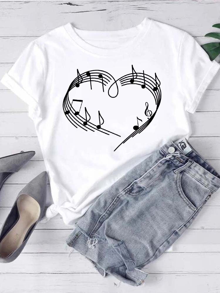 T-shirt Mode Femme Imprimé Notes de Musique T-shirt Décontracté Hauts Noirs Années 90 Dames Filles T-shirt FeUnisex Harajuku T-shirt Graphique