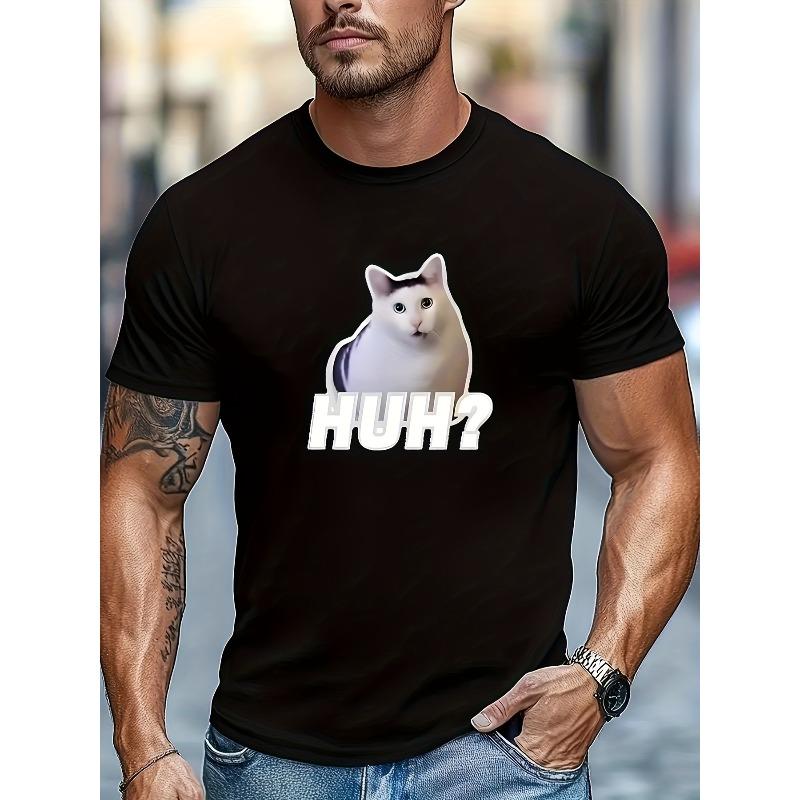

European sizes Men S Casual Short-Sleeve T-Shirt Featuring a Humorous HUH Cat Meme Design - Regular Fit, Comfortable for Summer, Perfect for Everyday 4XL чорний