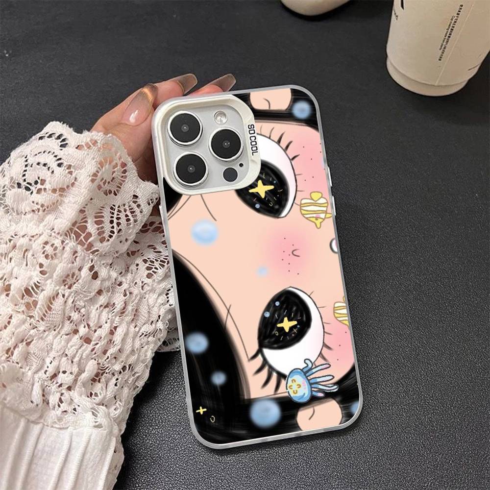 Kawaii Cute Black Big Eyes Cool Colored Silver frosted For iPhone Phone Case 17 16 15 14 13 12 11 Pro Max XR Plus Shockproof