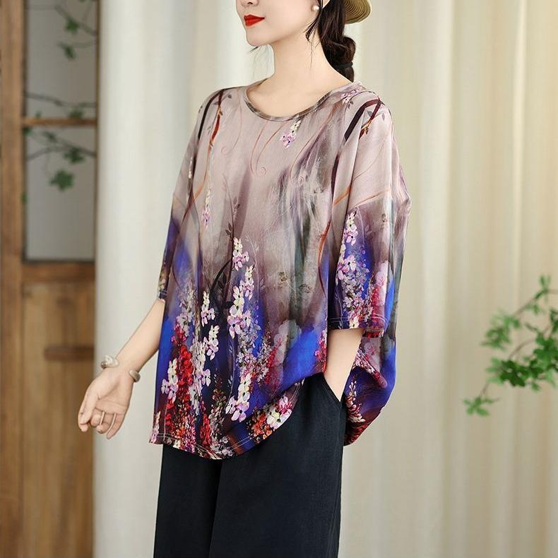 Women's Cotton Linen Printed T-Shirt Summer Thin Short Sleeve Loose Round Neck T-Shirt Top