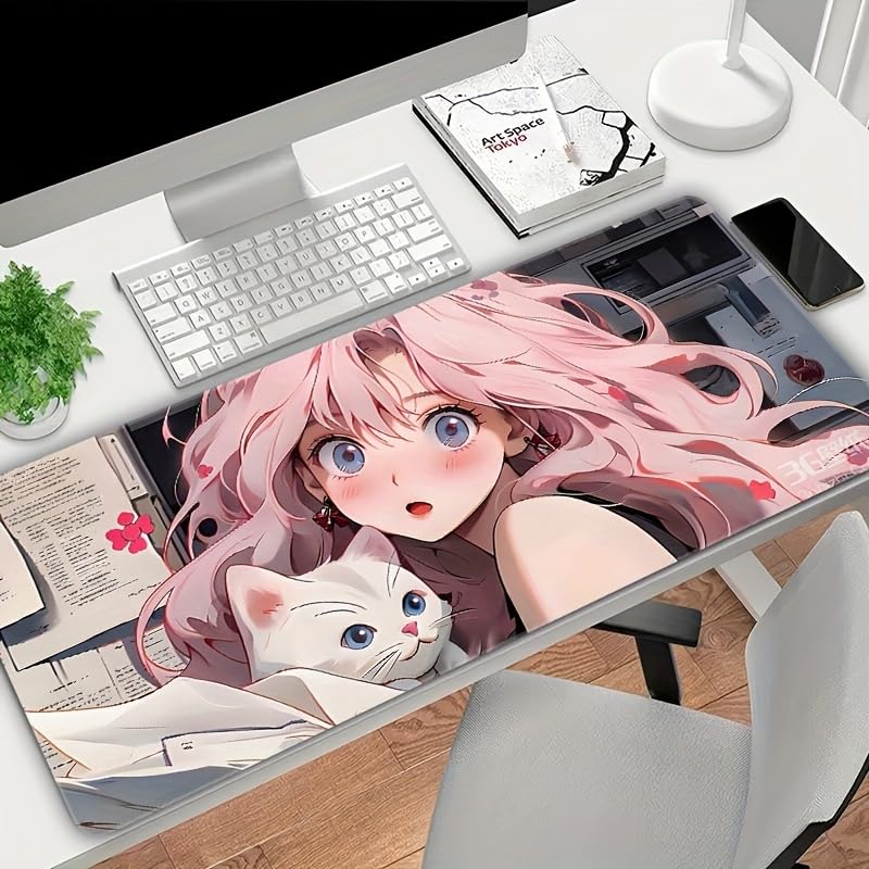 Large Mouse Pad with Cat and Girl Character Durable Rubber Stitched Suitable for Home and Gifts Pink-Haired Design, Non-Slip Material, Edges, Office,